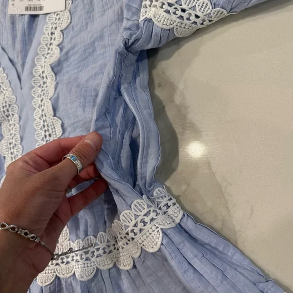 J. Crew NWT Pleated V-Neck Ruffle Sleeve Peplum Blouse Lace Trim Women’s XS Blue - Picture 7 of 10